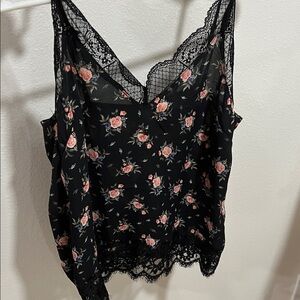 Floral Lace Trim Black Camisole Top